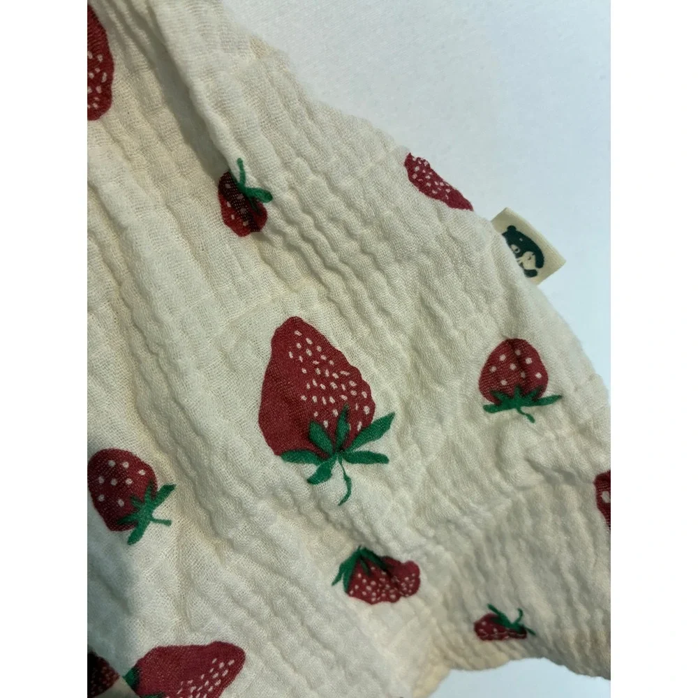 Rabbit + Bear Pinafore Strawberry Print Cottage Baby Girls 12M Cream Excellent